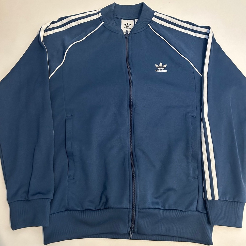 Adidas 3 Stripe Longsleeve Full-Zip Track Jacket Navy Blue Mens Large.